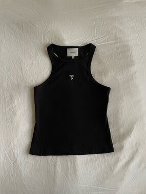 Reformation Black Ribbed Racerback Tank with Embroidered Bow